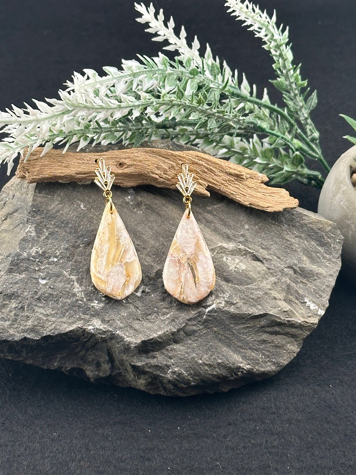 White Shimmery Marble Teardrop Earrings