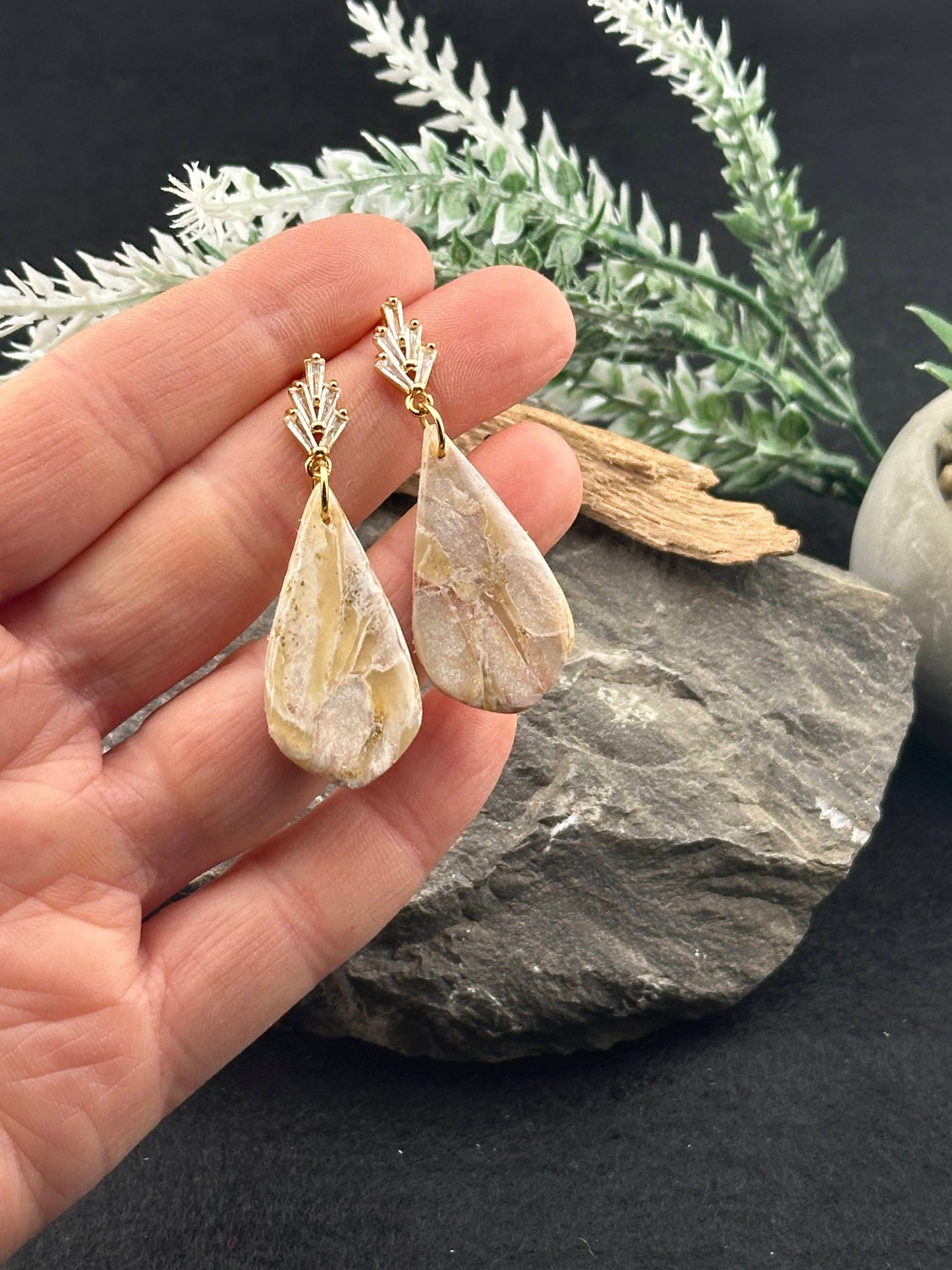 White Shimmery Marble Teardrop Earrings