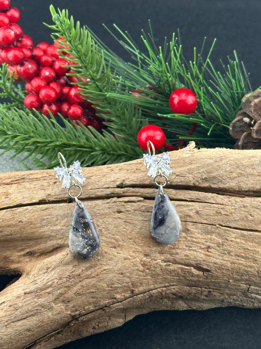 Midnight Sparkle Gray Marble Teardrop Earrings