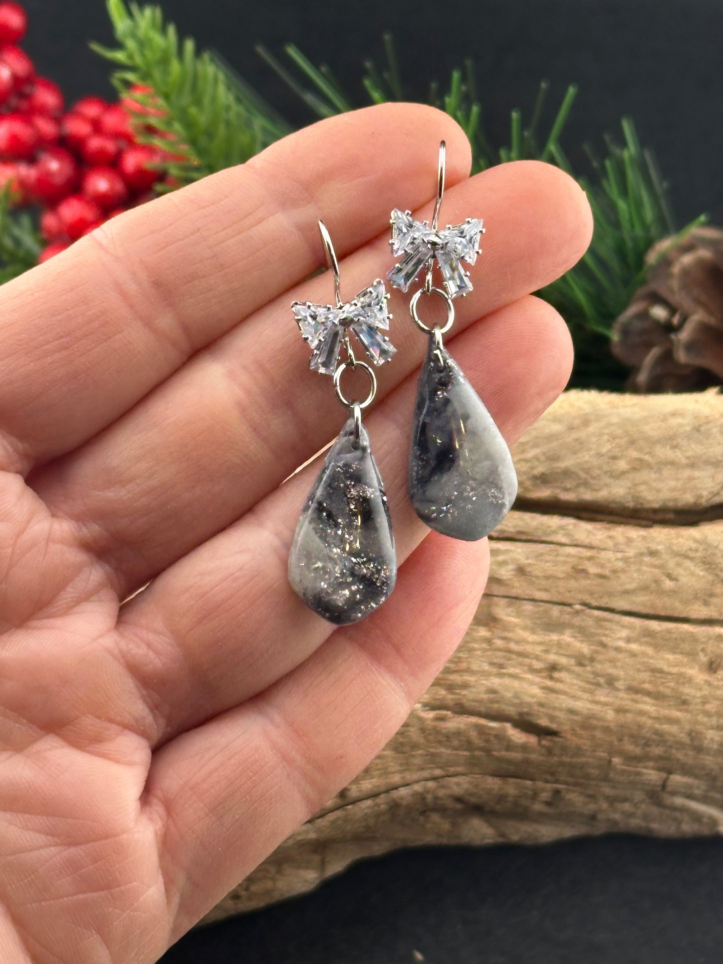 Midnight Sparkle Gray Marble Teardrop Earrings