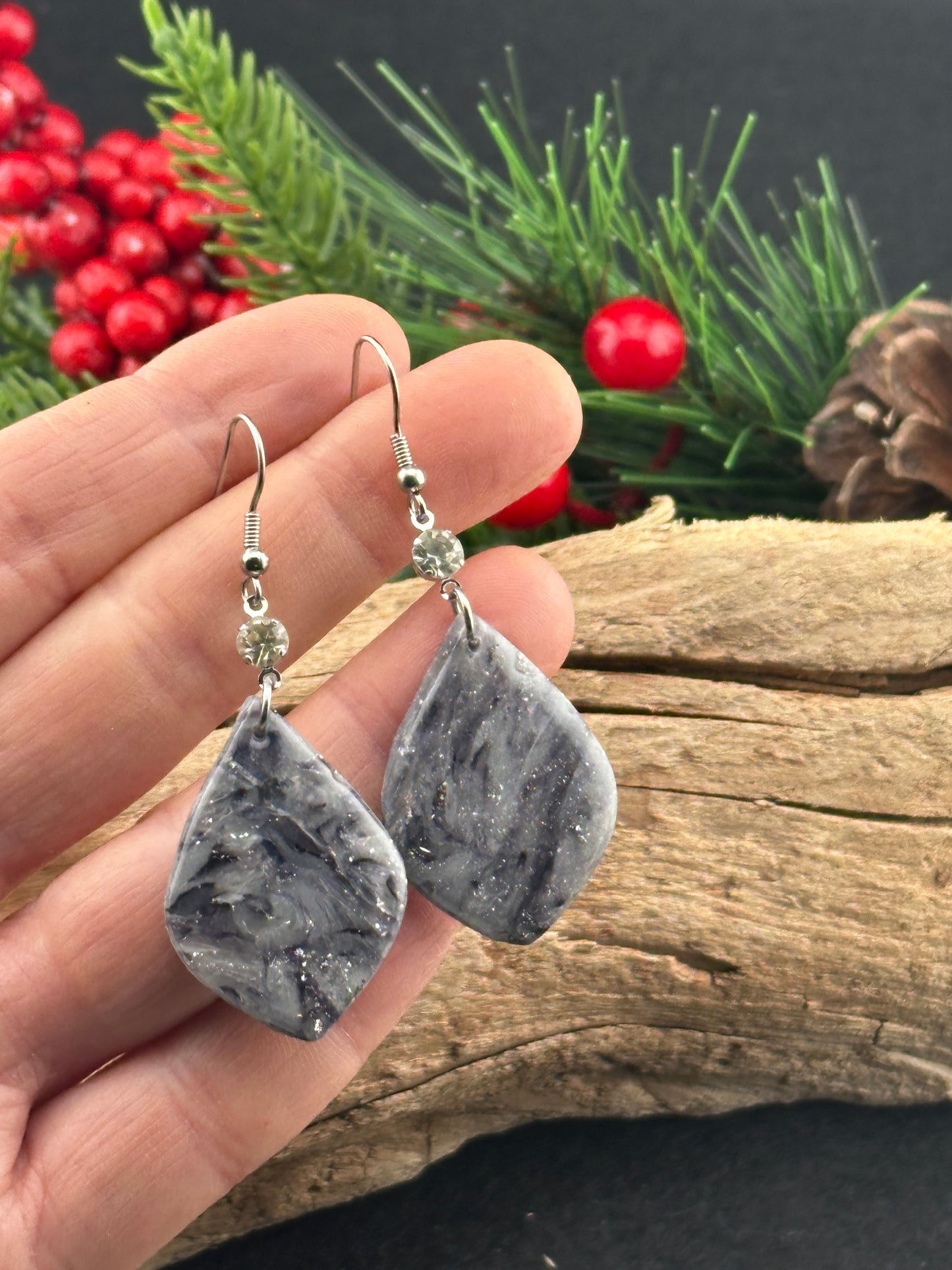 Gray Marble Shimmer Teardrop Earrings