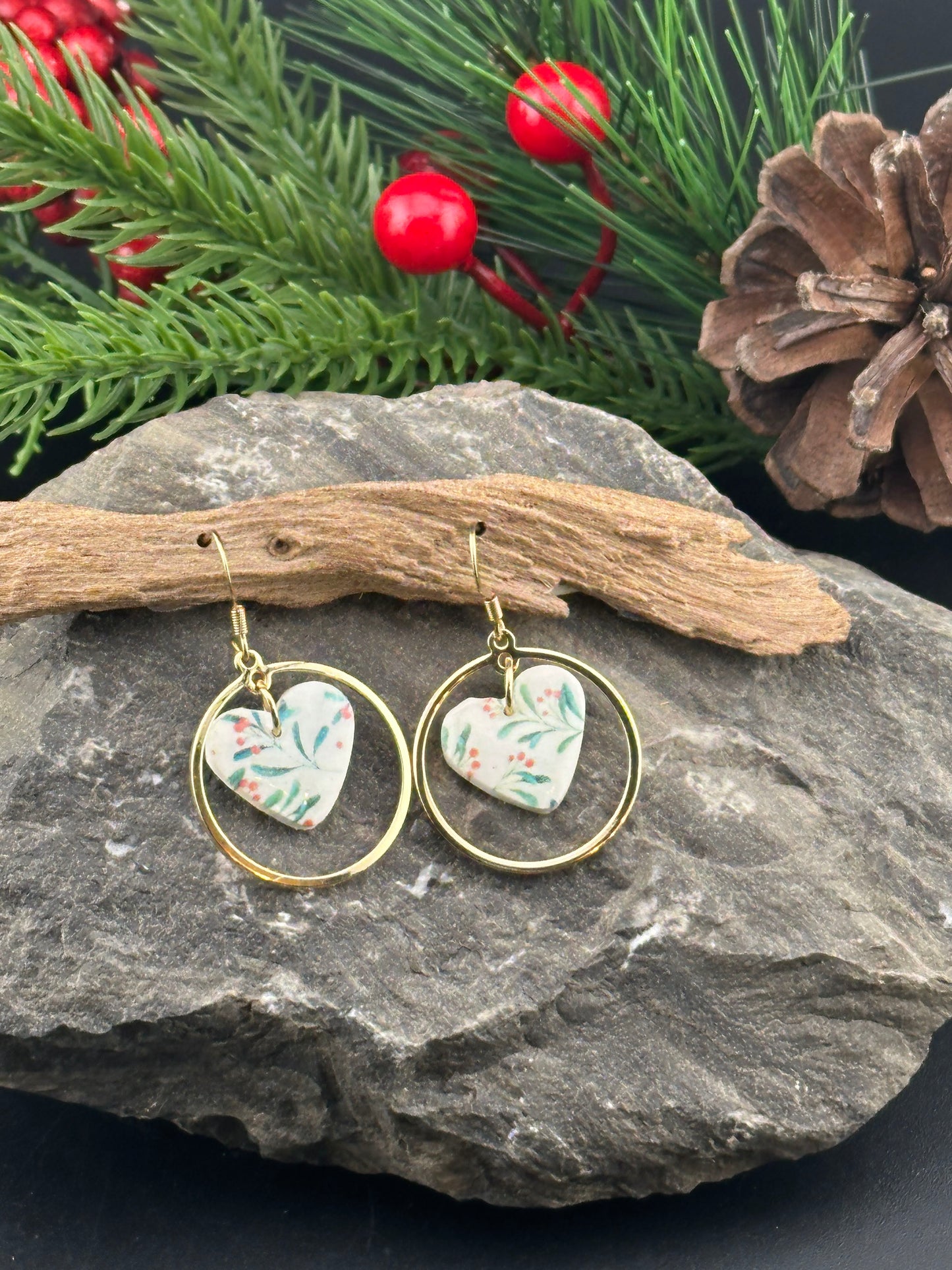 Holly Heart and Gold Hoop Earrings