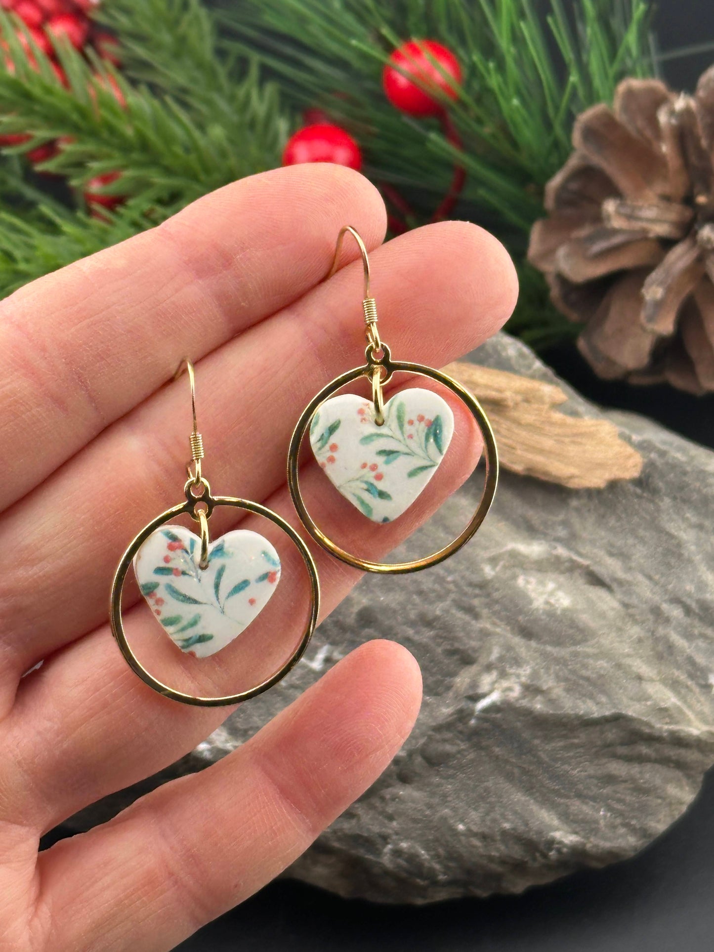 Holly Heart and Gold Hoop Earrings