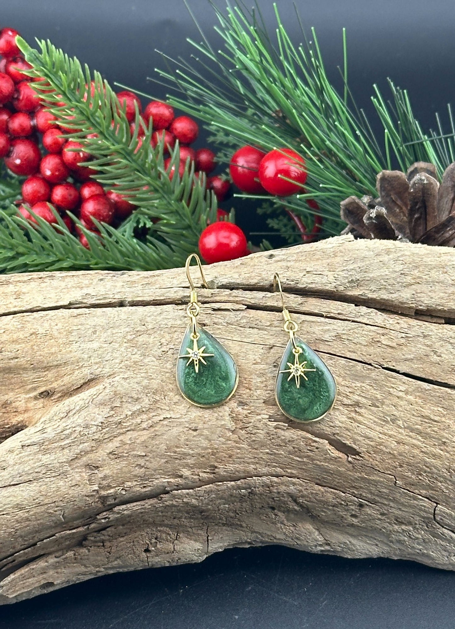 Tiny Green Winter Star Teardrop Earrings