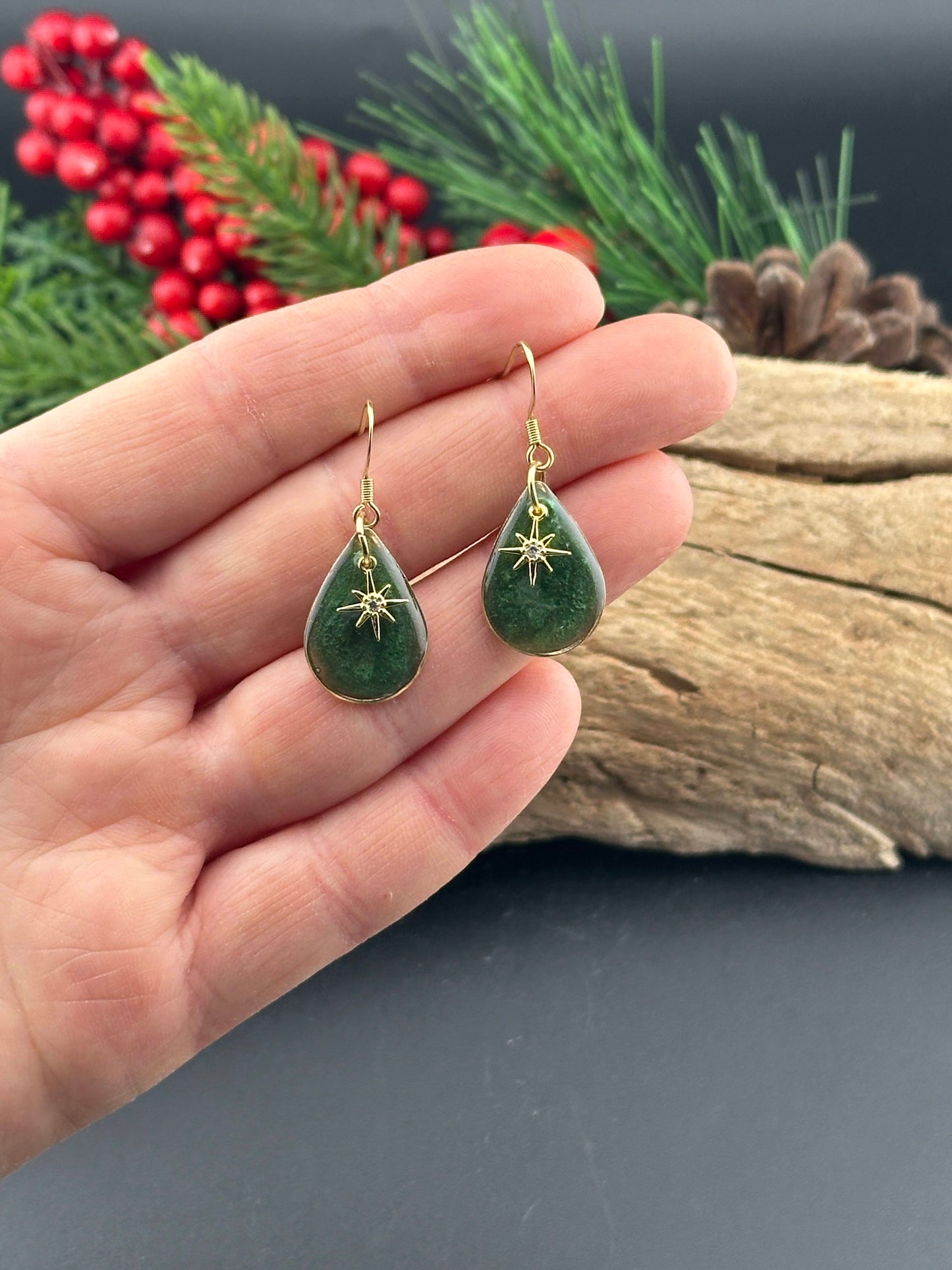 Tiny Green Winter Star Teardrop Earrings