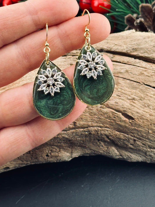 Green Winter Snowflake Teardrop Earrings