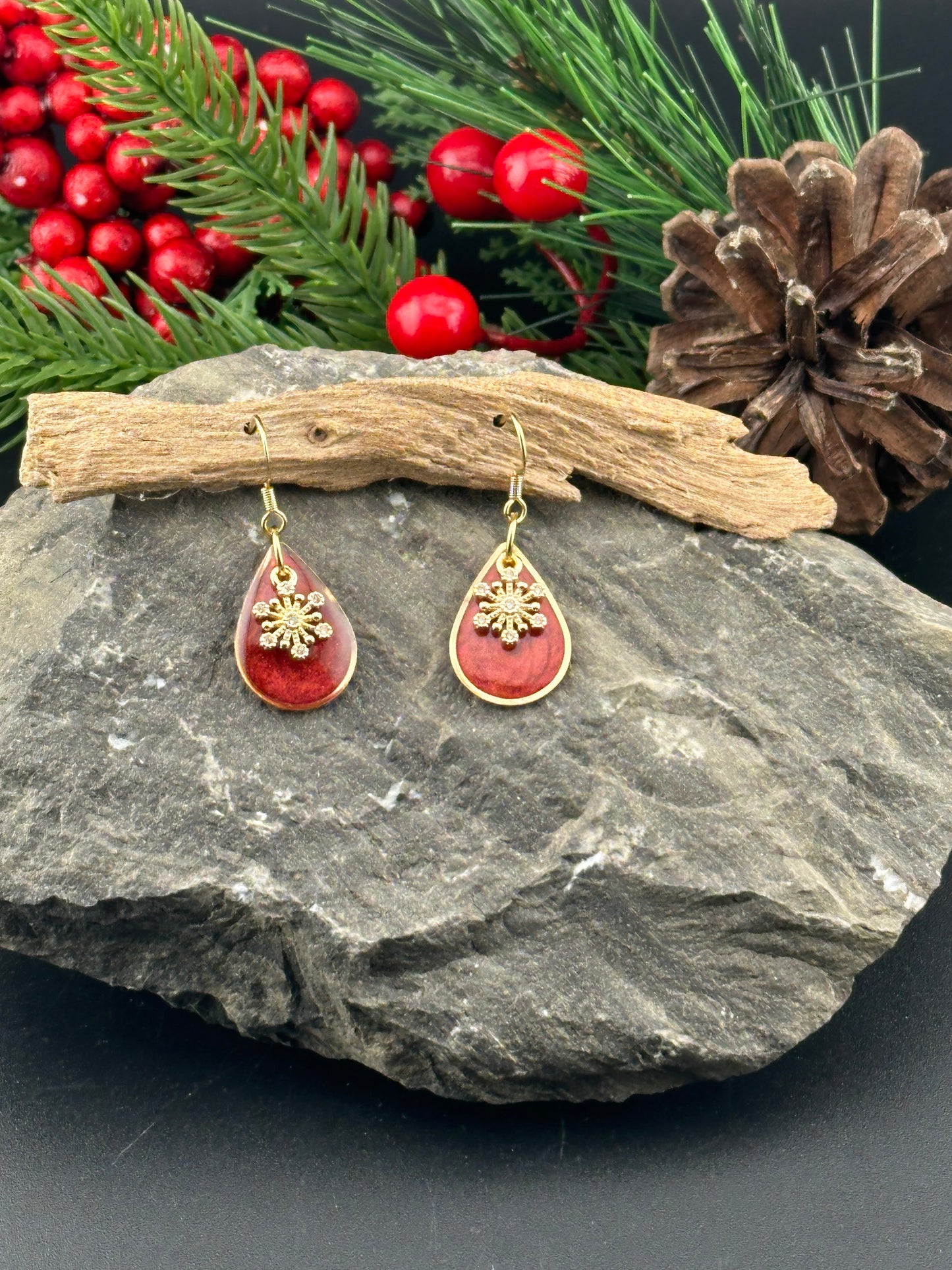 Tiny Red Winter Snowflake or Star Teardrop Earrings