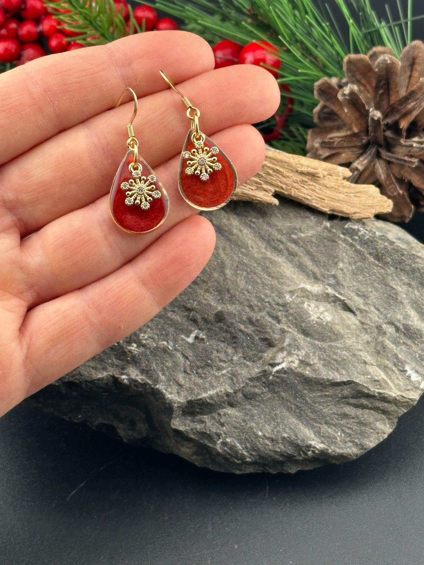 Tiny Red Winter Snowflake or Star Teardrop Earrings