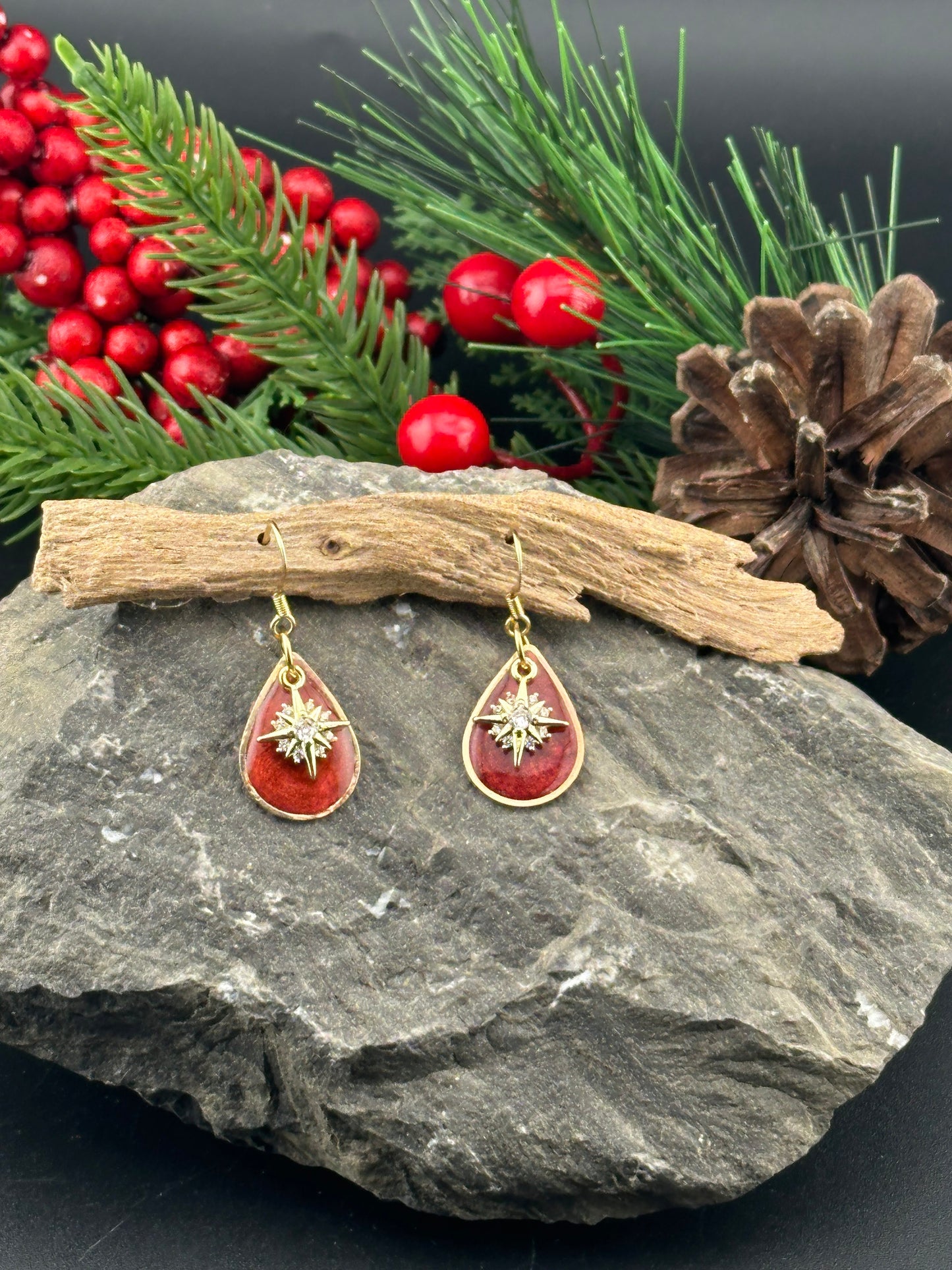 Tiny Red Winter Snowflake or Star Teardrop Earrings