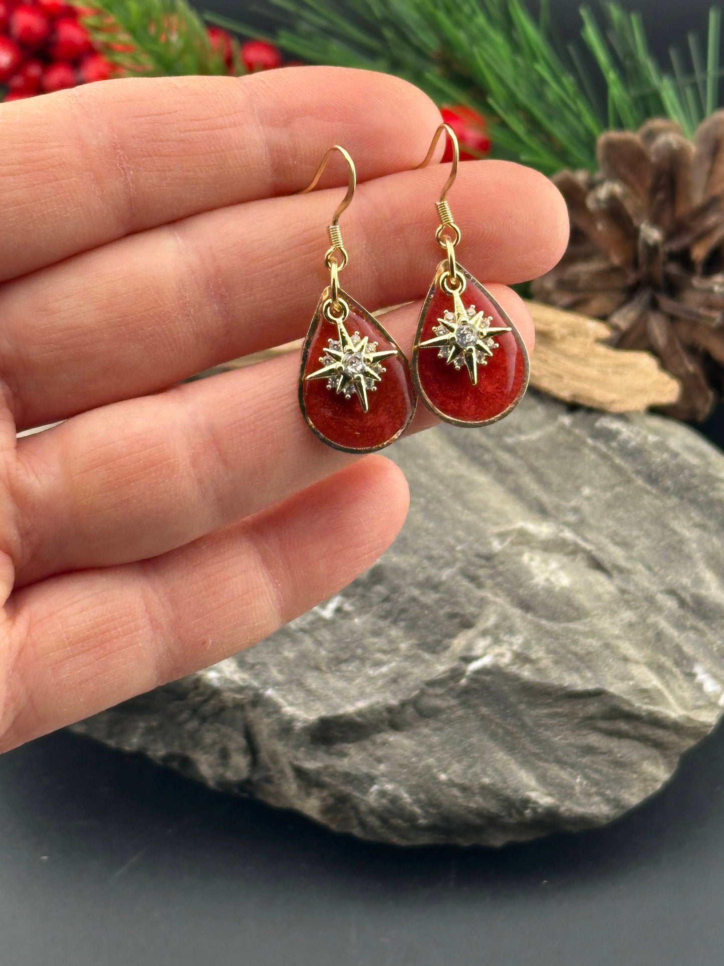 Tiny Red Winter Snowflake or Star Teardrop Earrings