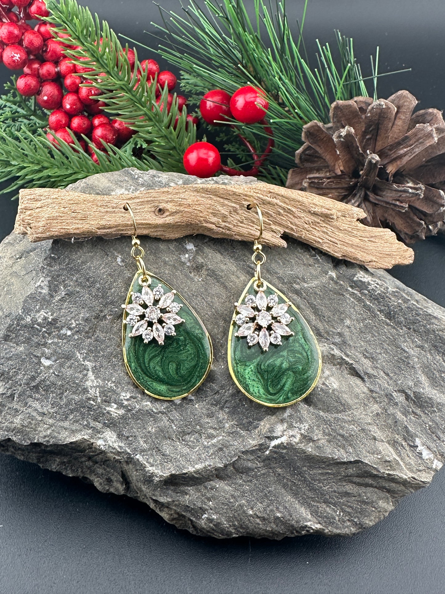 Green Winter Snowflake Teardrop Earrings