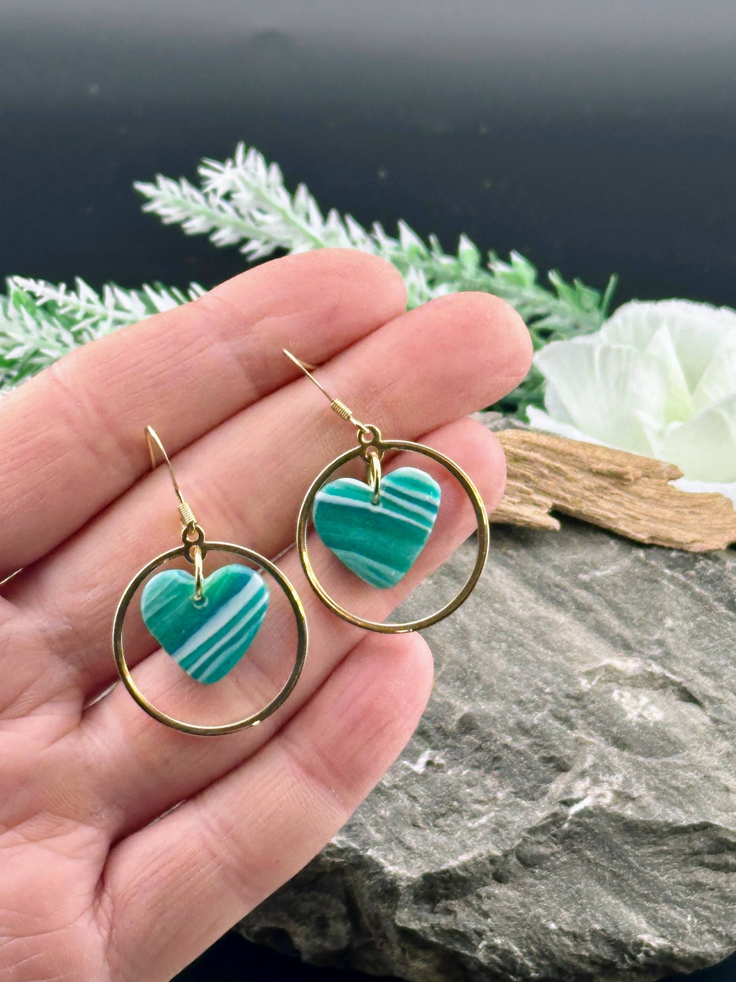 Faux Blue Agate Inspired Gold Hoop Heart Earrings