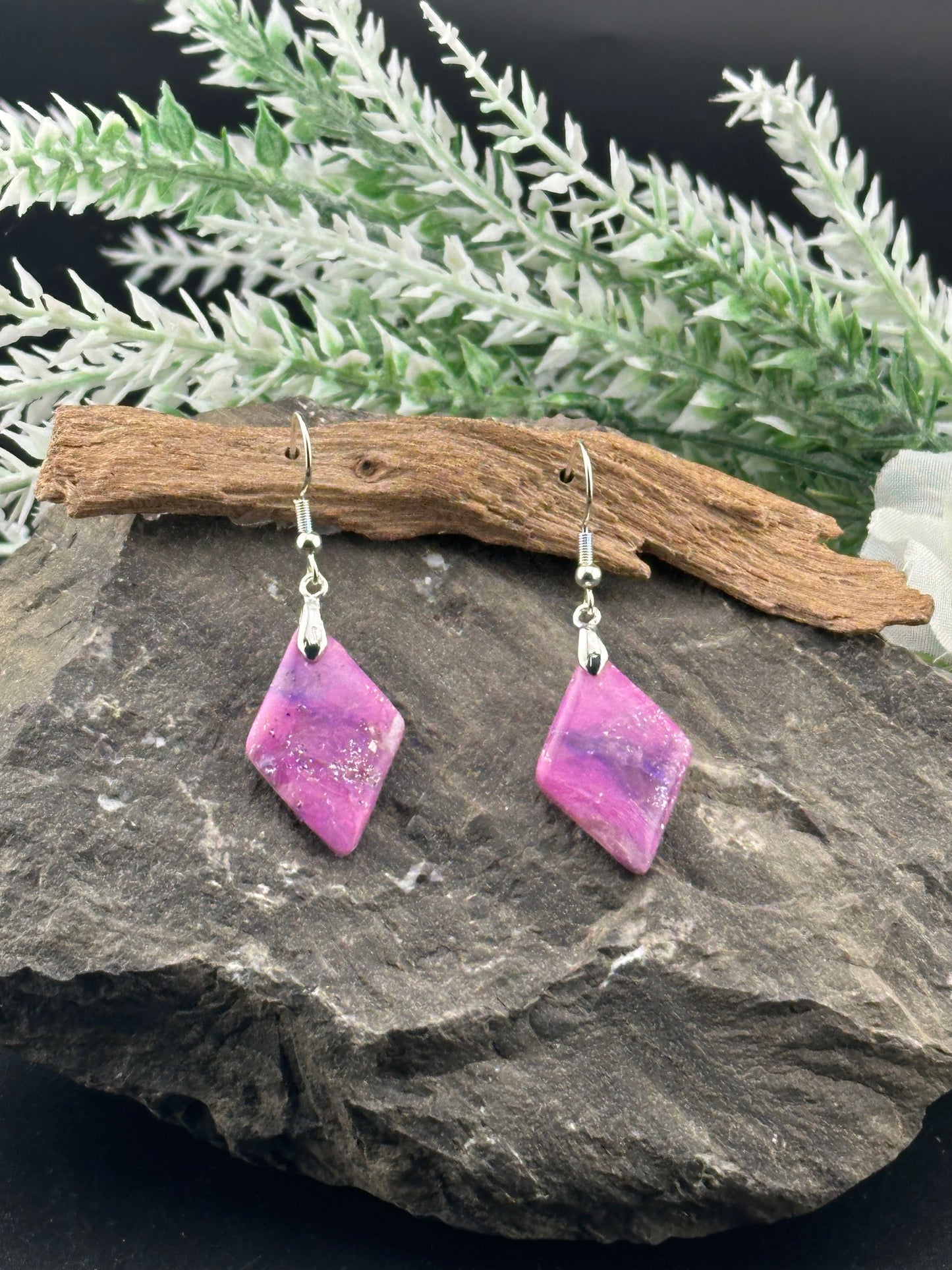 Pink & Lilac Marble Diamond Shaped Silver Earrings