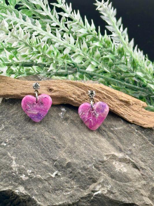 Tiny Pink & Lilac Marble Heart Valentine’s Day Earrings