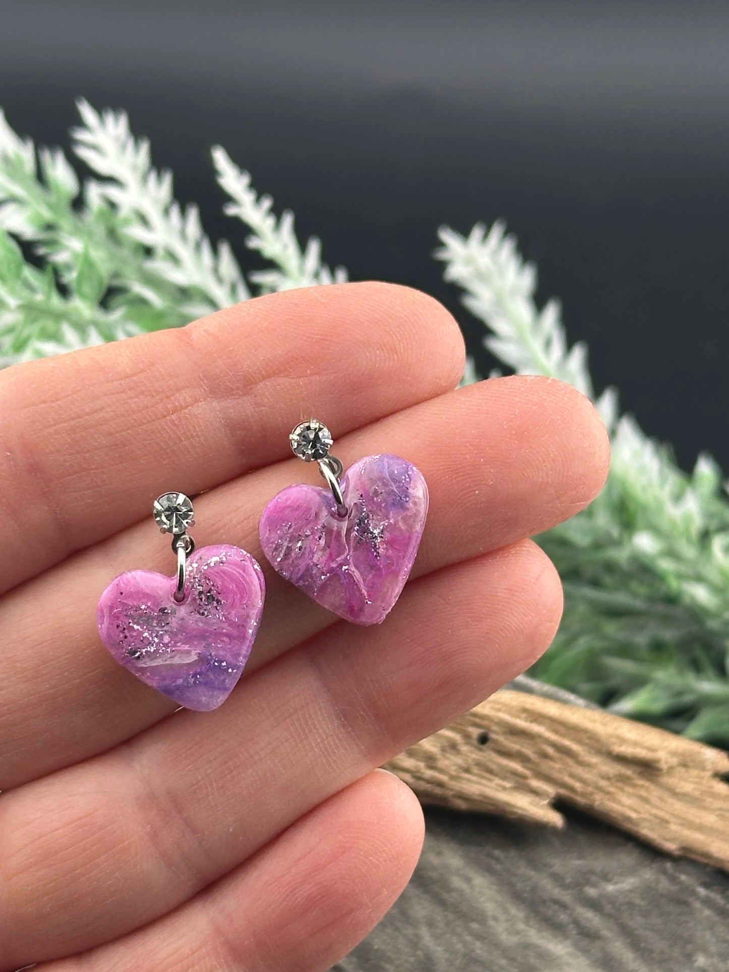 Tiny Pink & Lilac Marble Heart Valentine’s Day Earrings