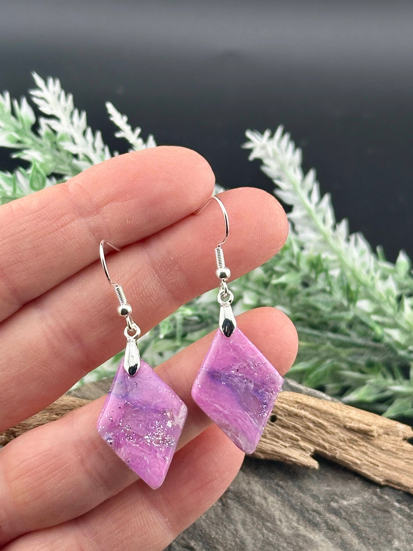 Pink & Lilac Marble Diamond Shaped Silver Earrings