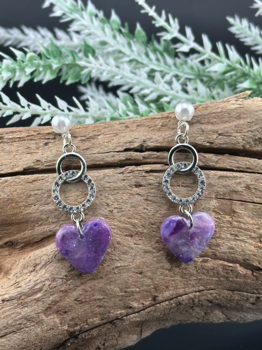 Amethyst-Inspired Silver & Pearl Heart Earrings