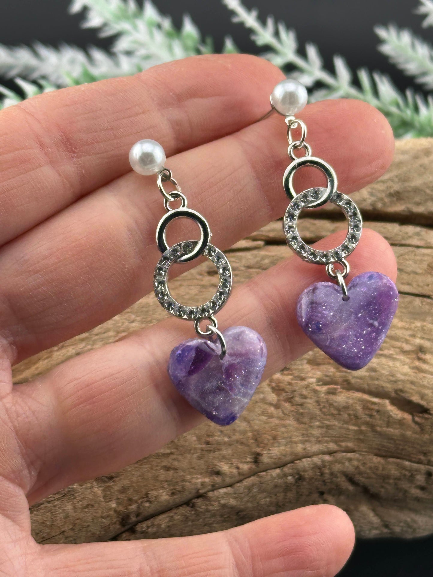 Amethyst-Inspired Silver & Pearl Heart Earrings