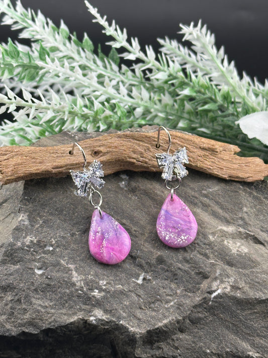 Pink & Purple Sparkly Silver Bow Drop Earrings