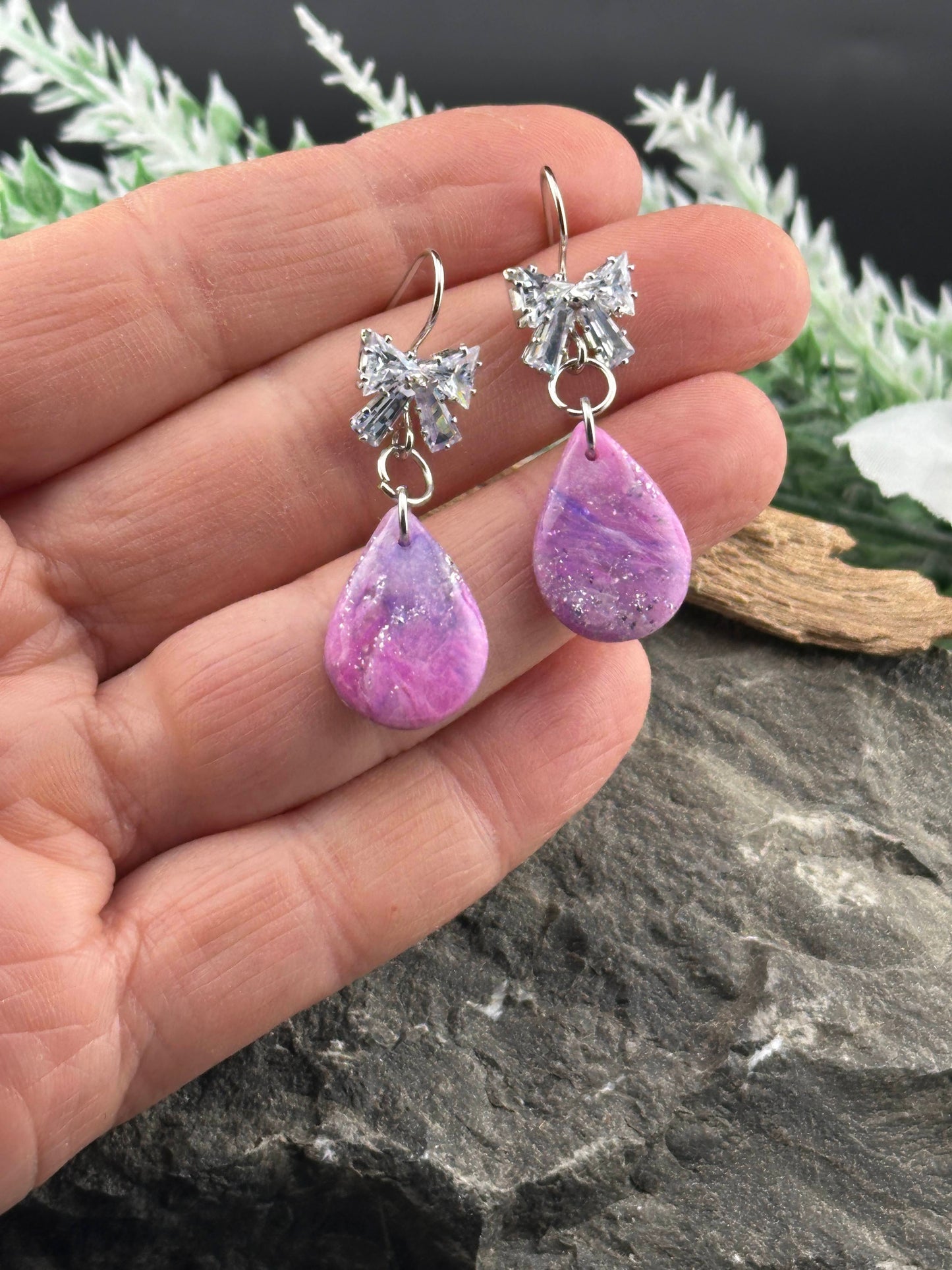 Pink & Purple Sparkly Silver Bow Drop Earrings