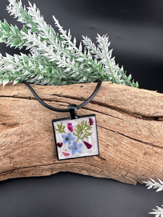 Botanical Resin Necklace with Real Blue Flowers and Rose Petals