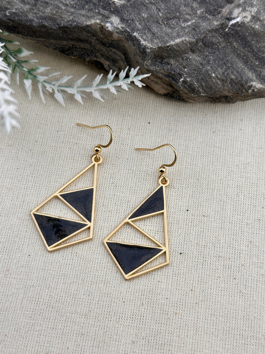 Geometric Noir Drop Earrings – Gold & Black