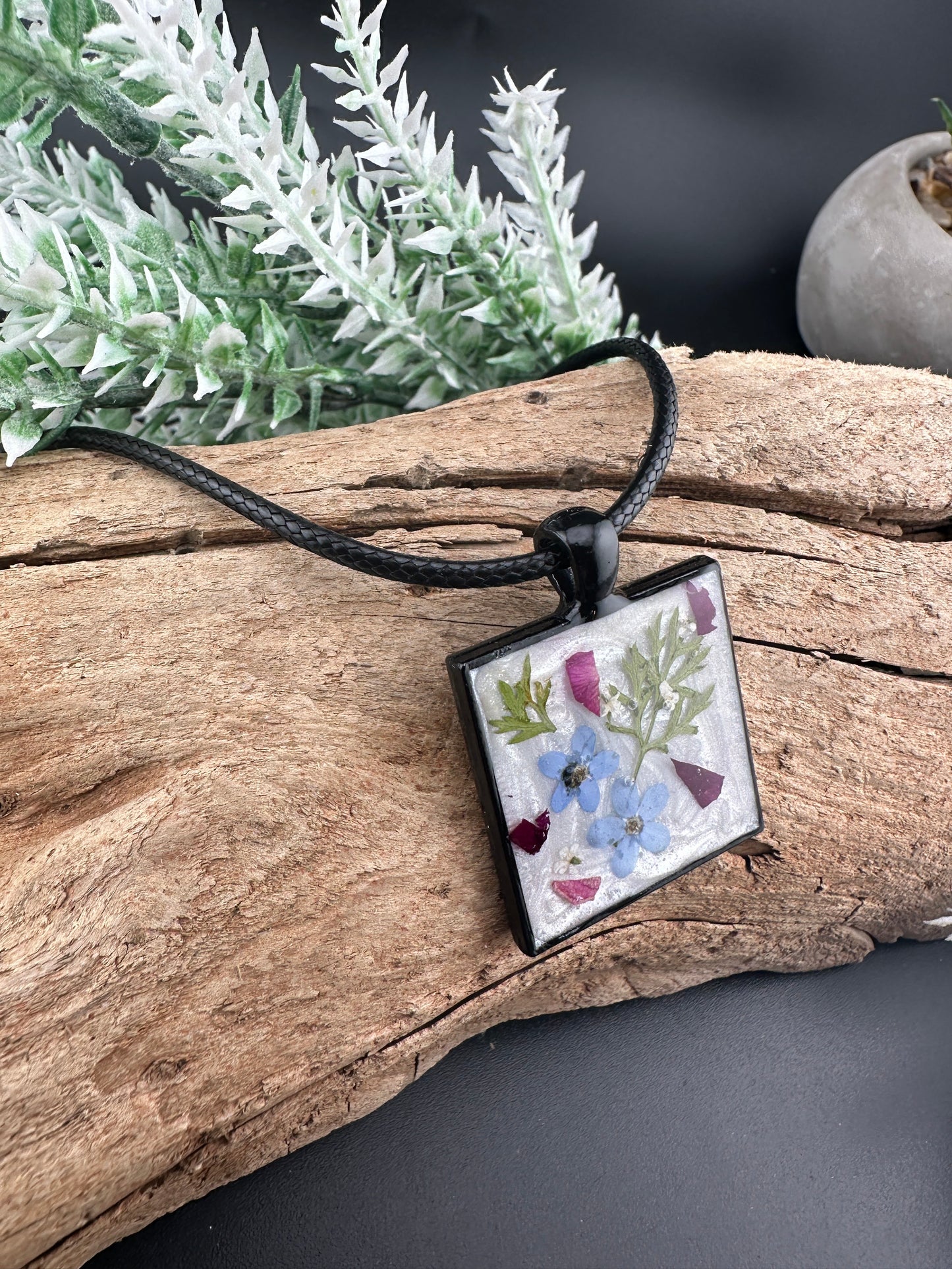 Botanical Resin Necklace with Real Blue Flowers and Rose Petals