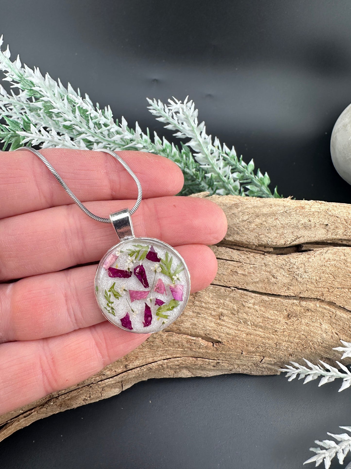 Handcrafted Resin Necklace with Pink Rose Petals