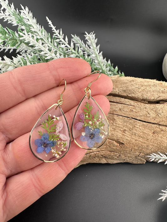 Garden Collection Teardrop Earrings with Forget-Me-Nots and Hydrangeas