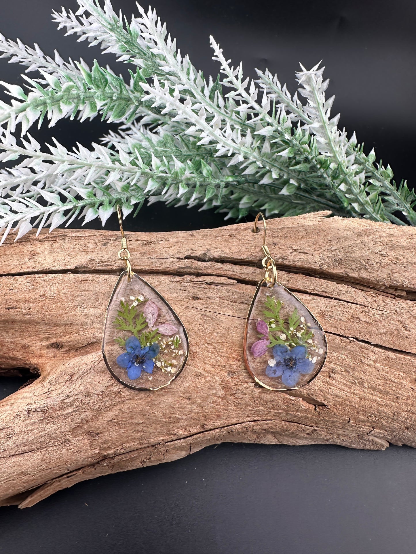 Garden Collection Teardrop Earrings with Forget-Me-Nots and Hydrangeas