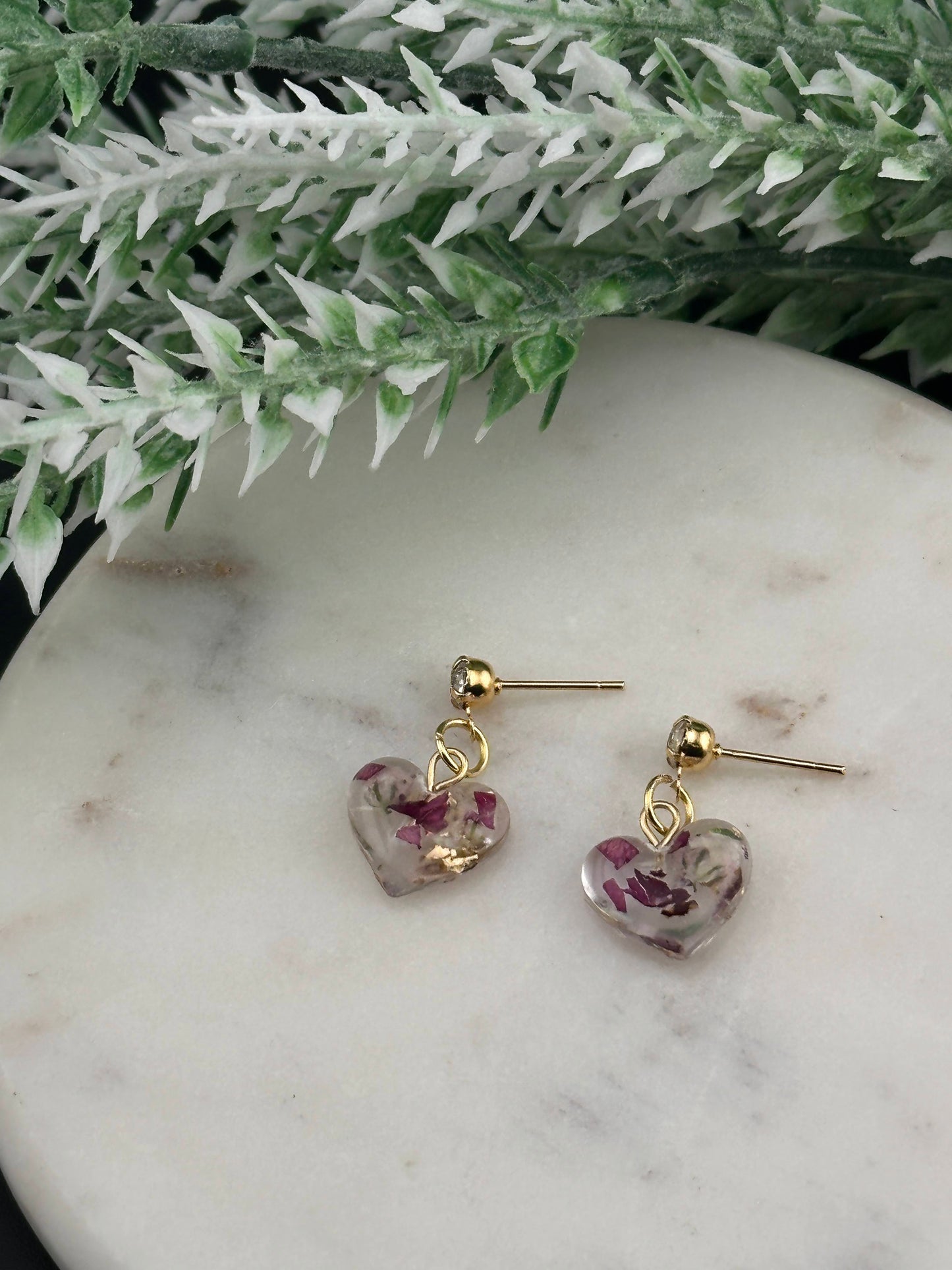 Tiny Romantic Heart Earrings with Real Rose Petals - Gold or Silver