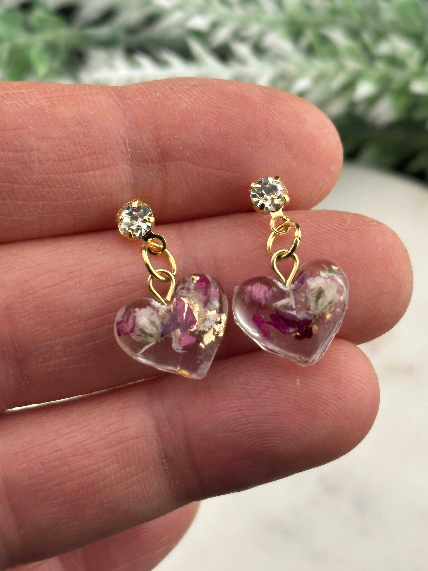 Tiny Romantic Heart Earrings with Real Rose Petals - Gold or Silver