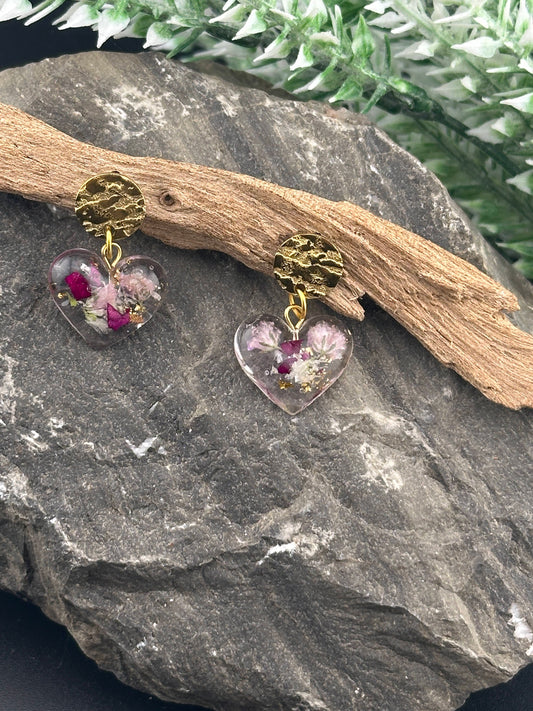 Romantic Heart Earrings with Real Rose Petals and Baby's Breath