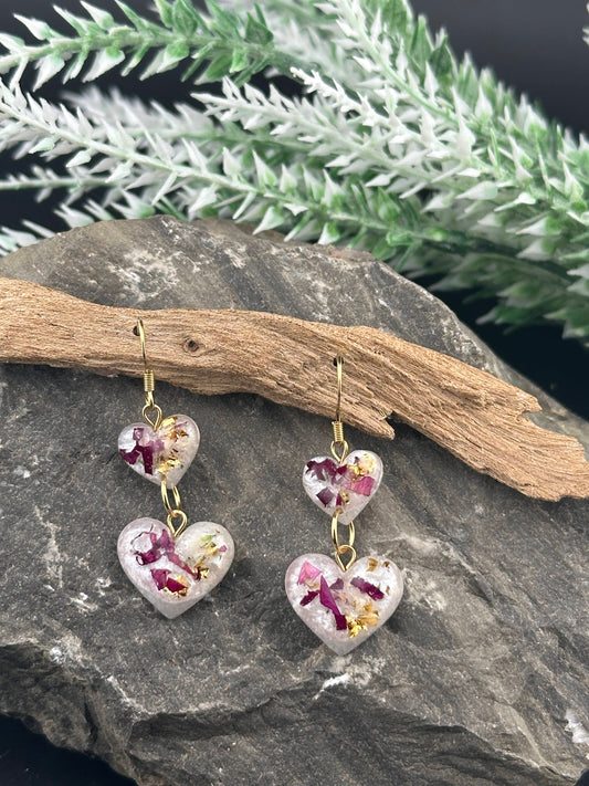 White & Gold Resin Heart Earrings with Real Pink Rose Petals