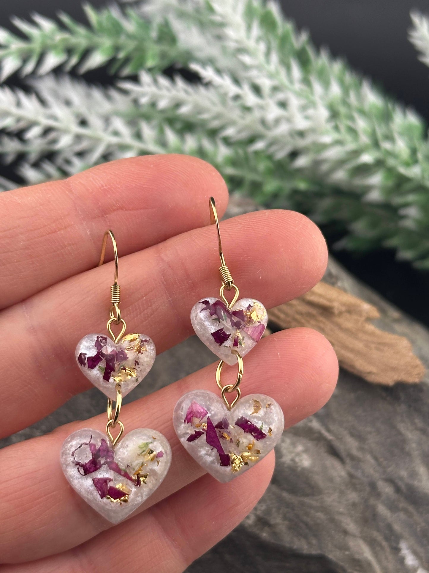 White & Gold Resin Heart Earrings with Real Pink Rose Petals