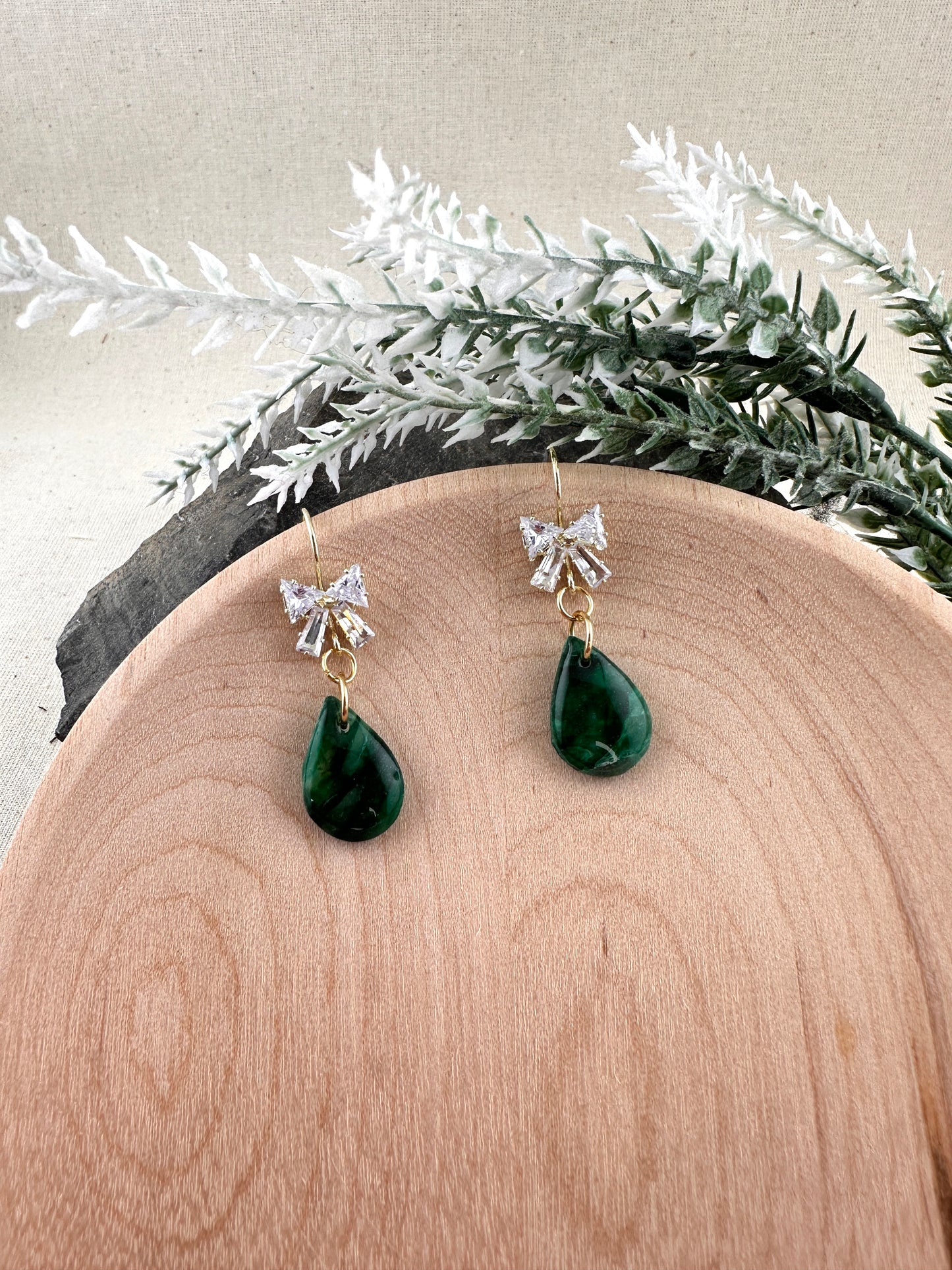 Winter Green Teardrop Crystal Bow Earrings