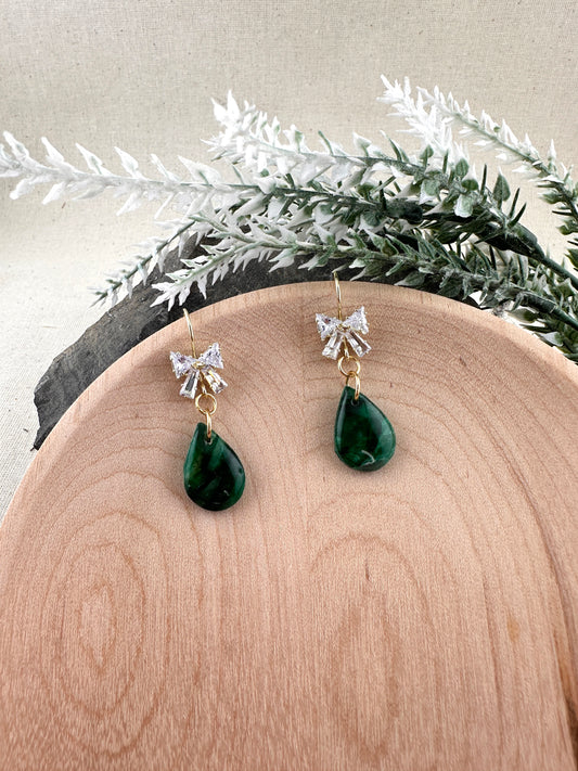 Winter Green Teardrop Crystal Bow Earrings