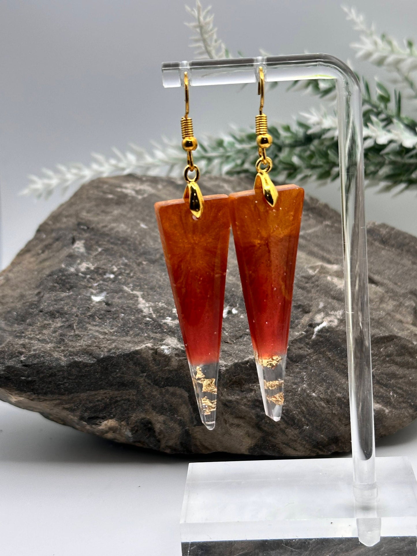 Geometric, Abstract Gold & Burnt Orange/Wine Red Resin Earring