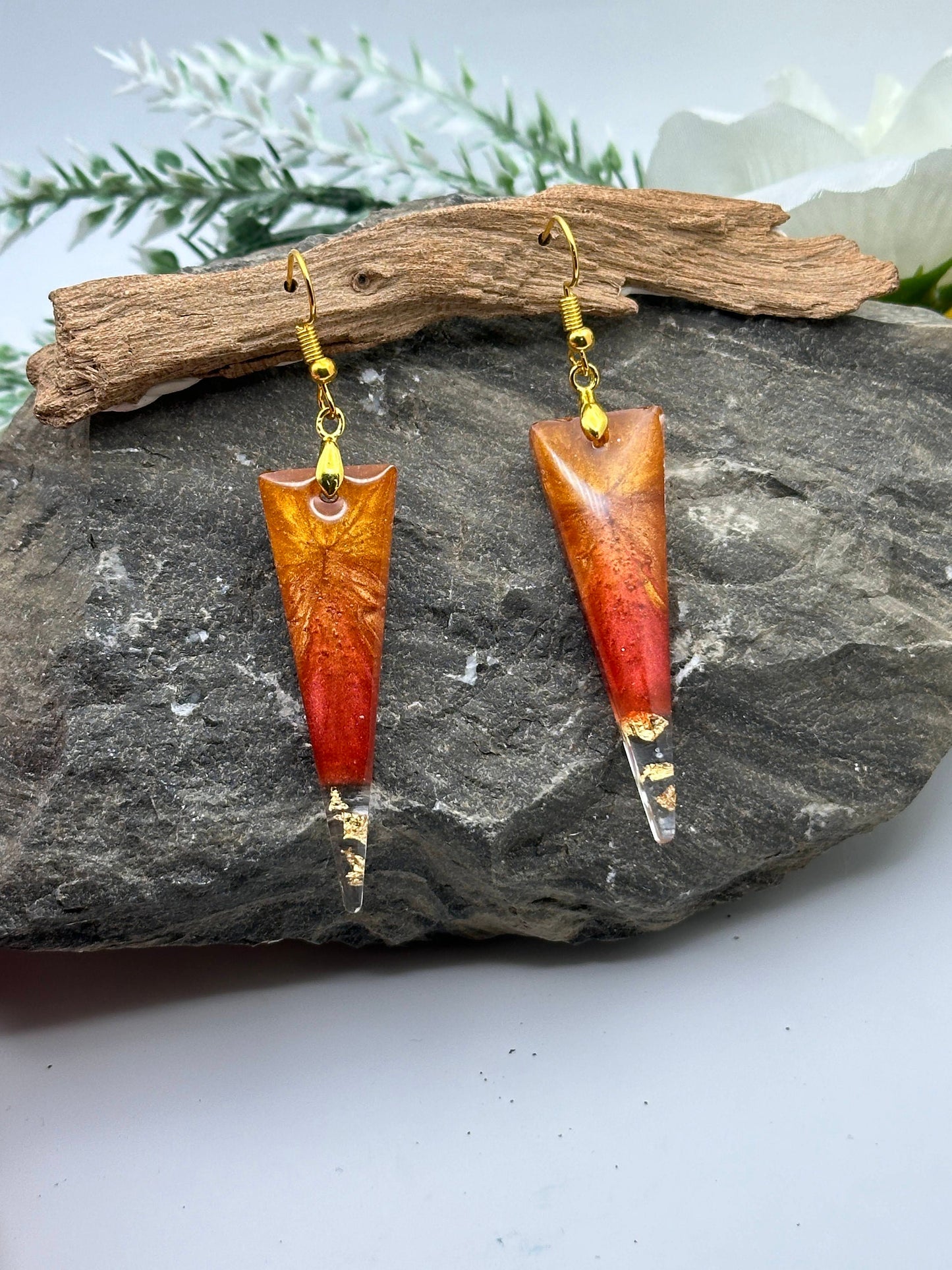 Geometric, Abstract Gold & Burnt Orange/Wine Red Resin Earring