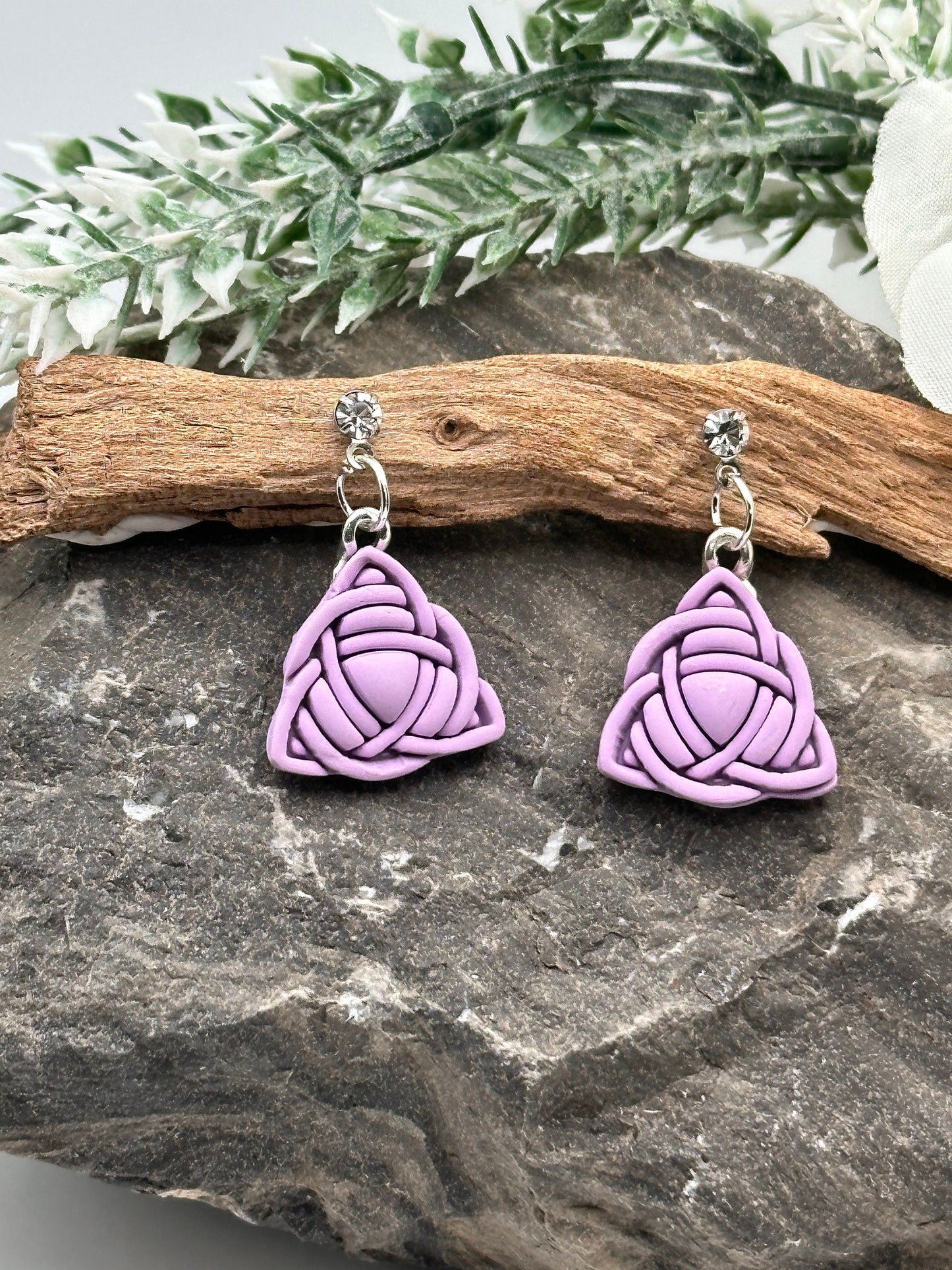 Celtic Trinity Knot, Lilac, Polymer Clay Earrings