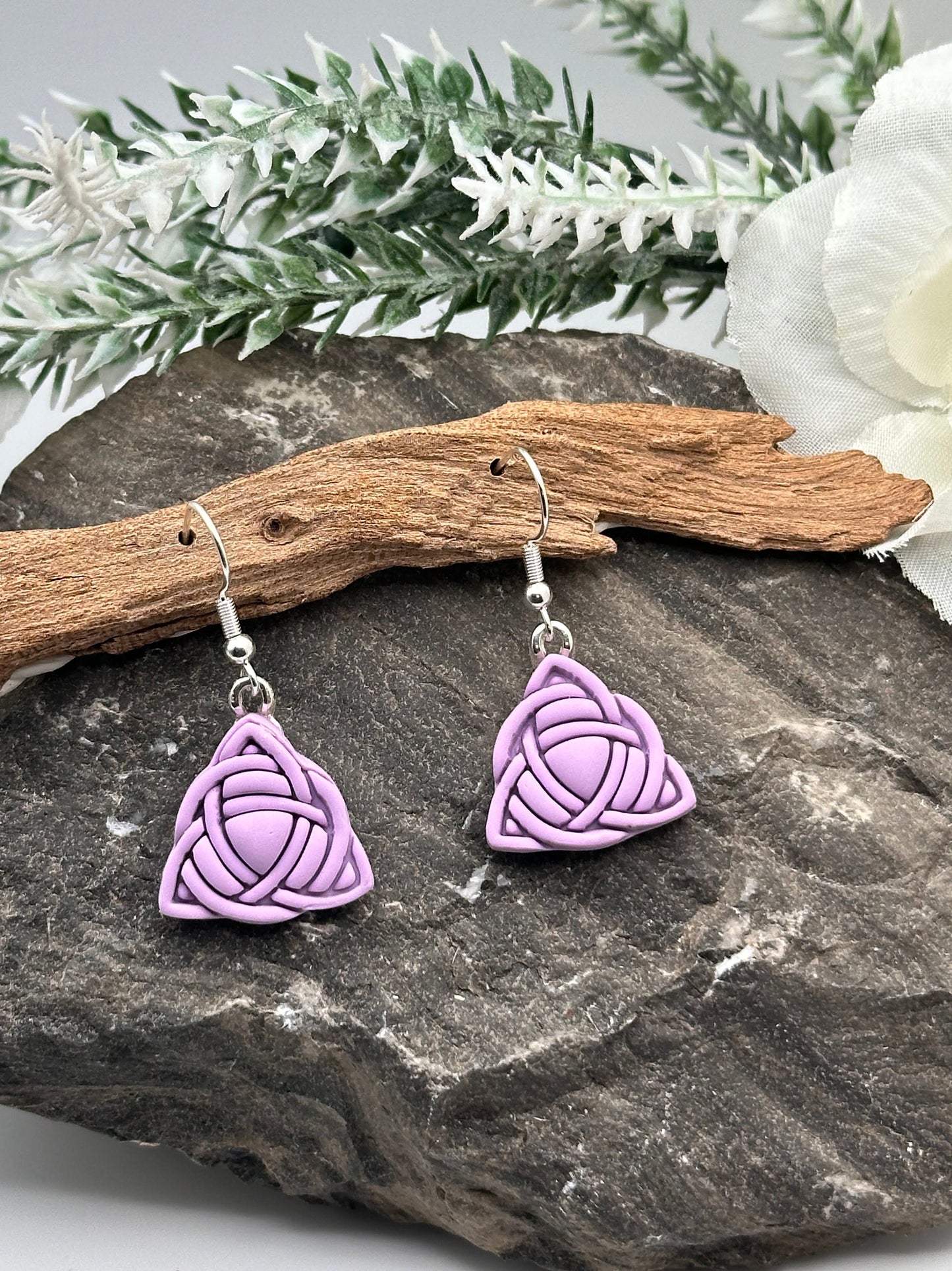 Celtic Trinity Knot, Lilac, Polymer Clay Earrings