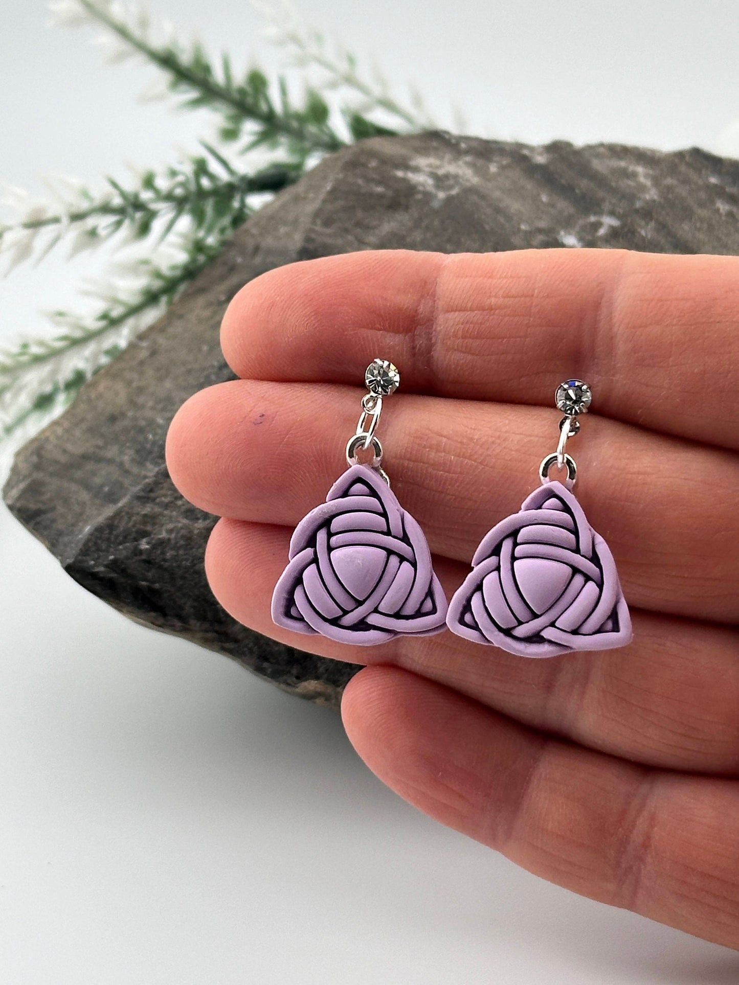 Celtic Trinity Knot, Lilac, Polymer Clay Earrings