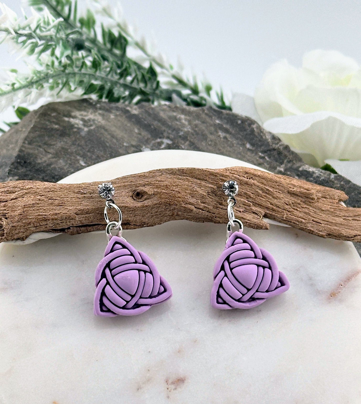 Celtic Trinity Knot, Lilac, Polymer Clay Earrings