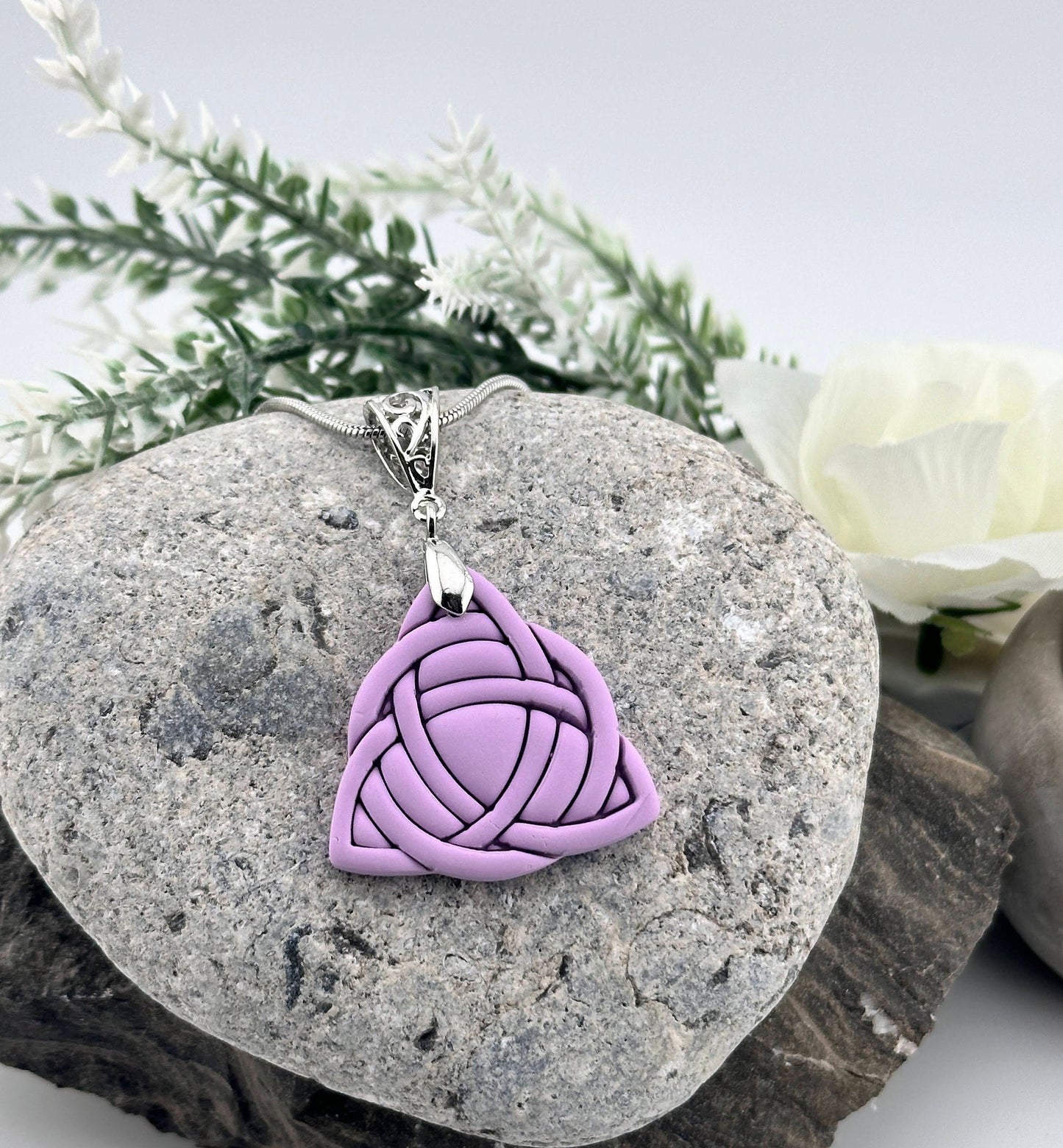 Celtic Trinity Knot, Lilac, Polymer Clay Necklace