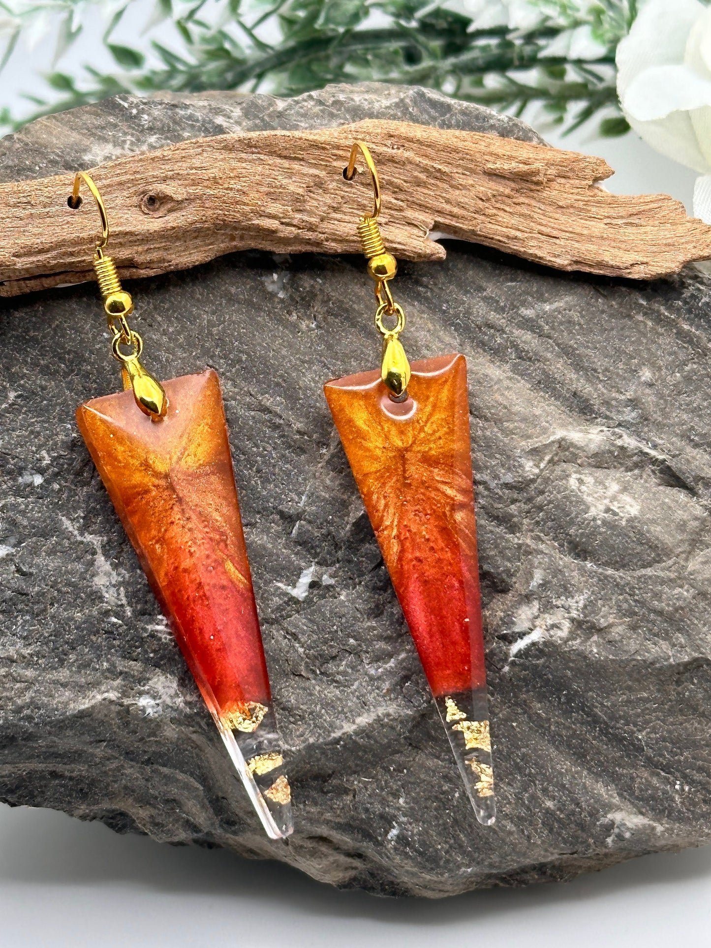 Geometric, Abstract Gold & Burnt Orange/Wine Red Resin Earring