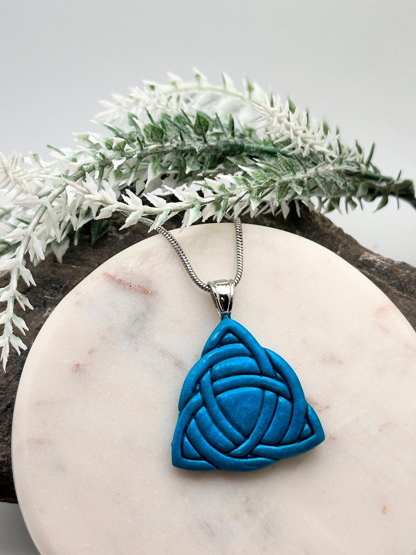 Celtic Trinity Knot, Turquoise, Polymer Clay Necklace