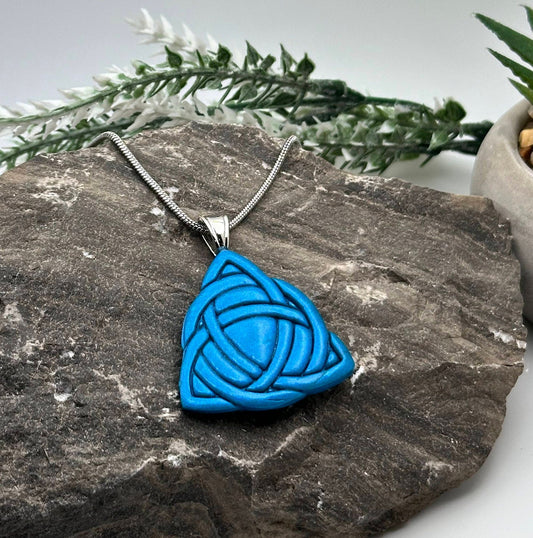 Celtic Trinity Knot, Turquoise, Polymer Clay Necklace