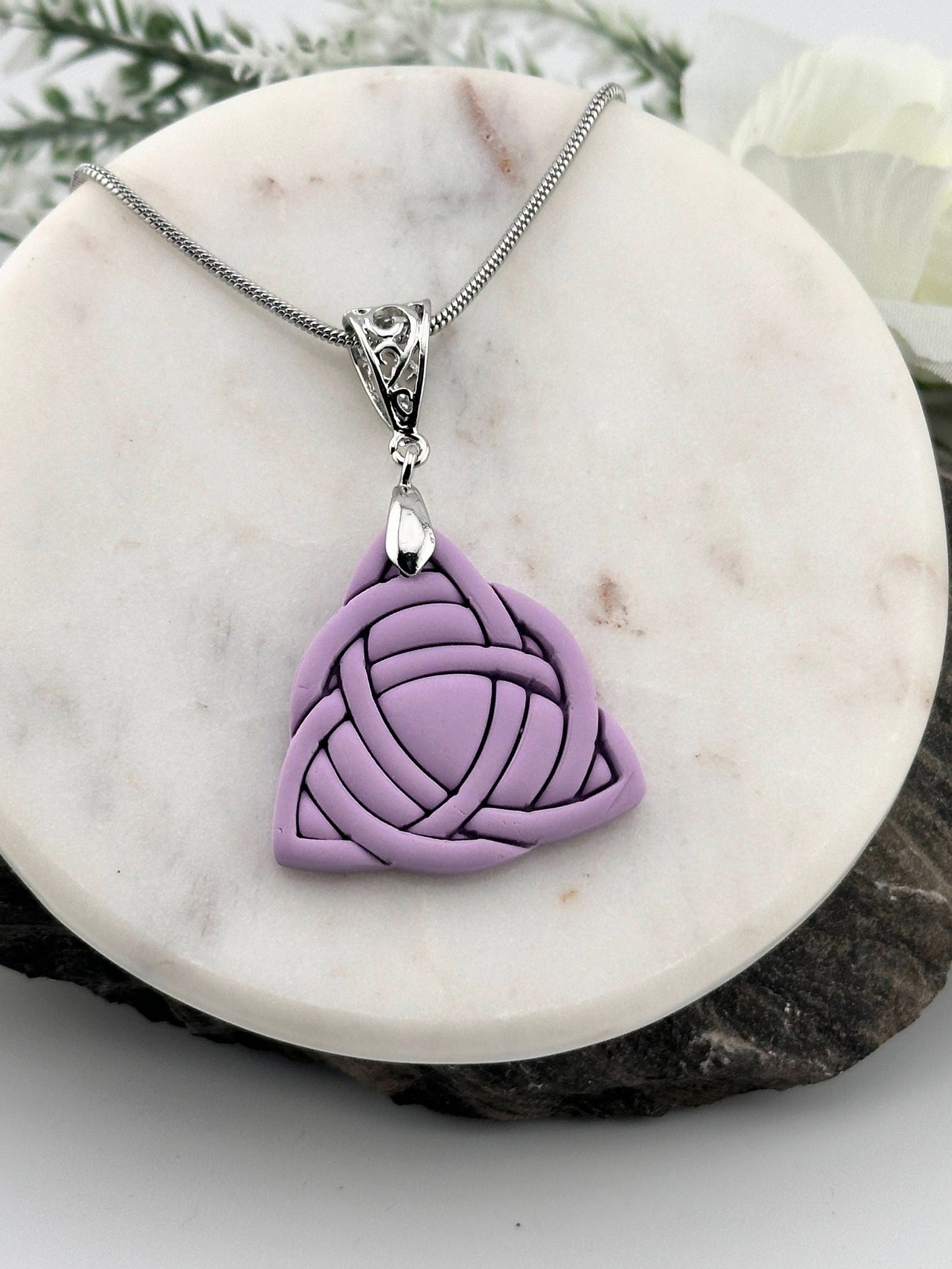 Celtic Trinity Knot, Lilac, Polymer Clay Necklace