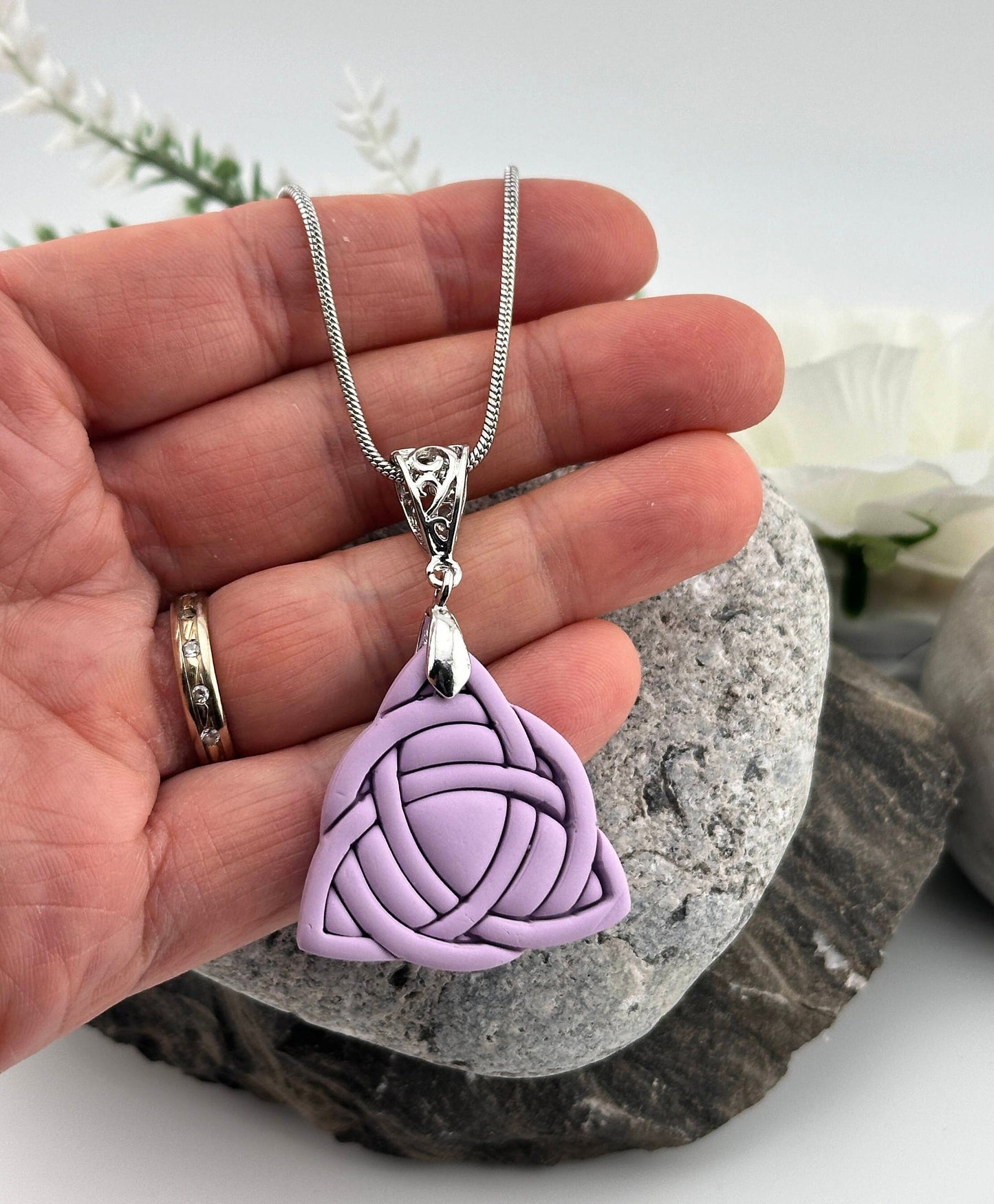 Celtic Trinity Knot, Lilac, Polymer Clay Necklace